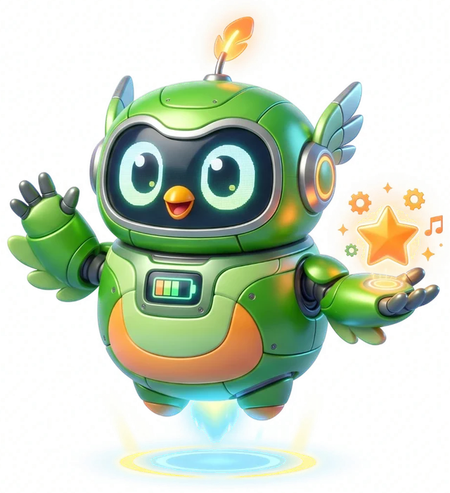 Sky, a friendly green owl-shaped robot with big round eyes, waving.